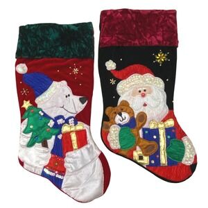 Embroidered Embellished Christmas Stocking Lot of 2 Santa Claus Snowman Holiday